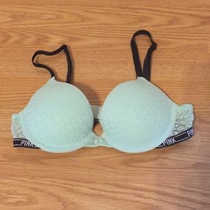 PINK ice blue lace leopard-print push-up bra